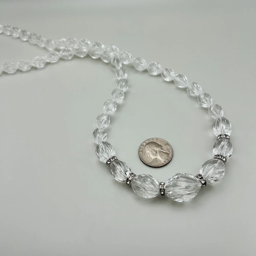 Vintage Bead Necklace Faceted Clear Crystal 30 in Silvertone Rhinestone Stations